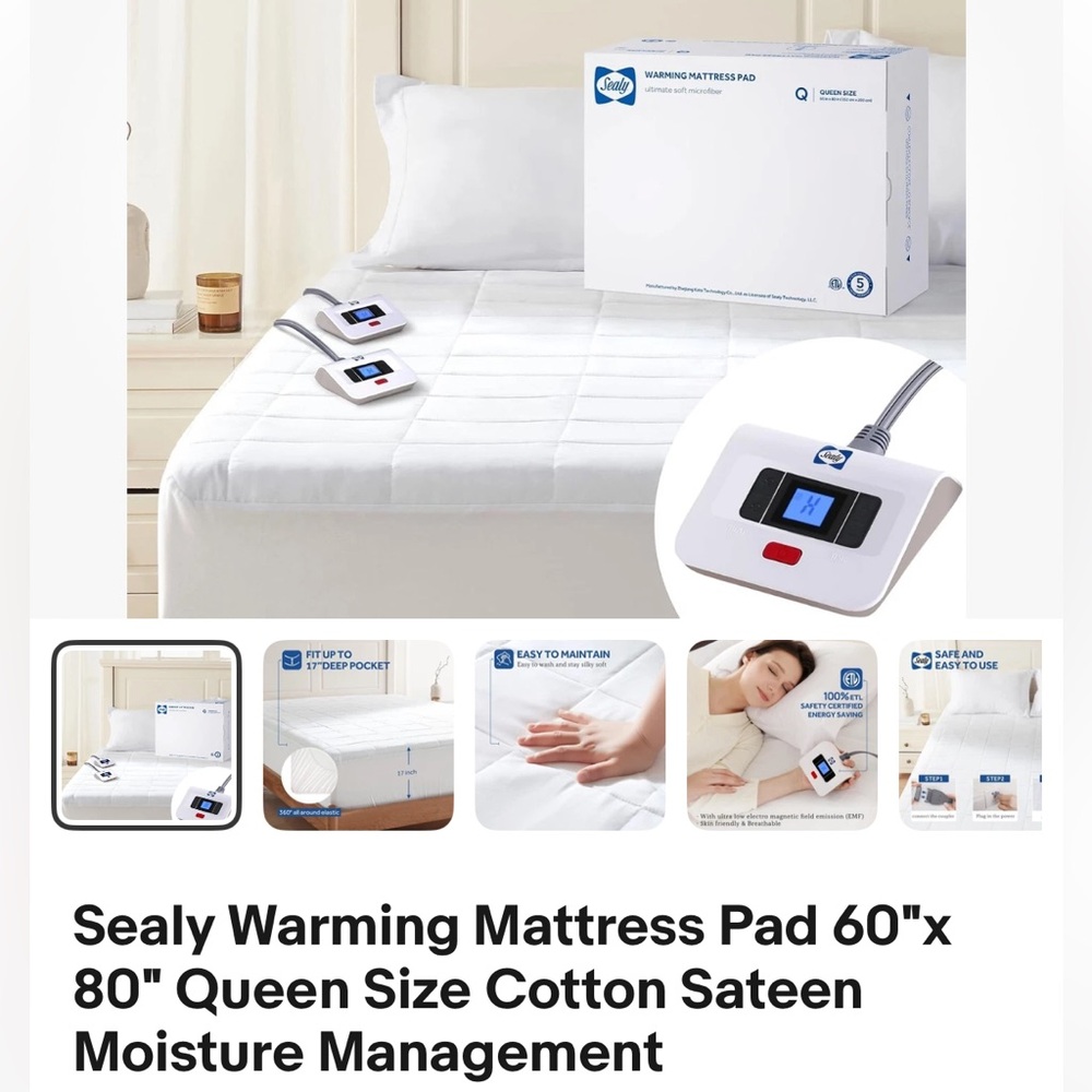 Sealy Warming Mattress Pad 60"x 80" Queen Size Cotton Sateen Moisture Management
